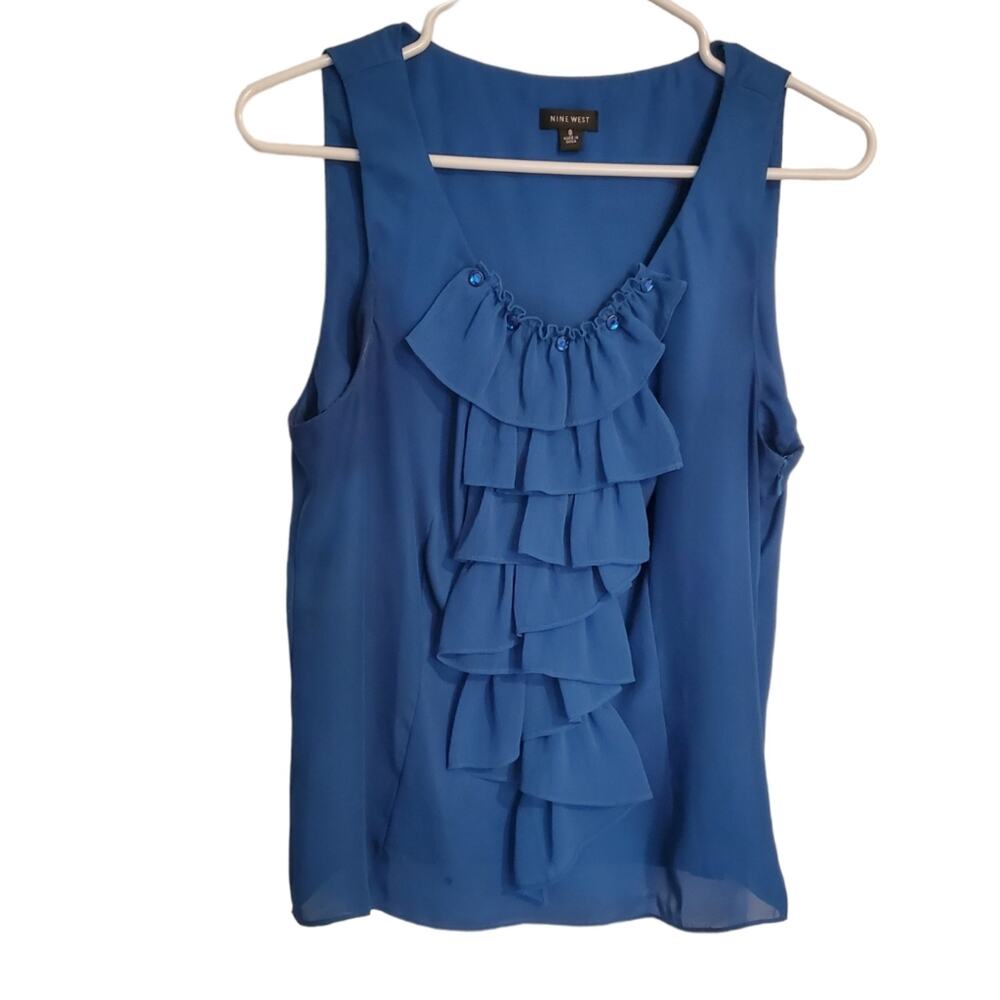 NINE WEST woman's sleeveless blue top with ruffles down the front size 8